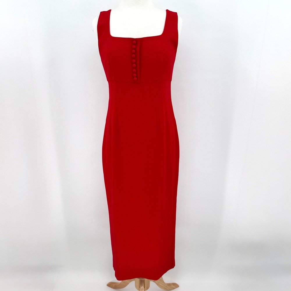 VTG Liz Claiborne 90s Red Square Neck Sheath Maxi Dress Button Back Womens 10
